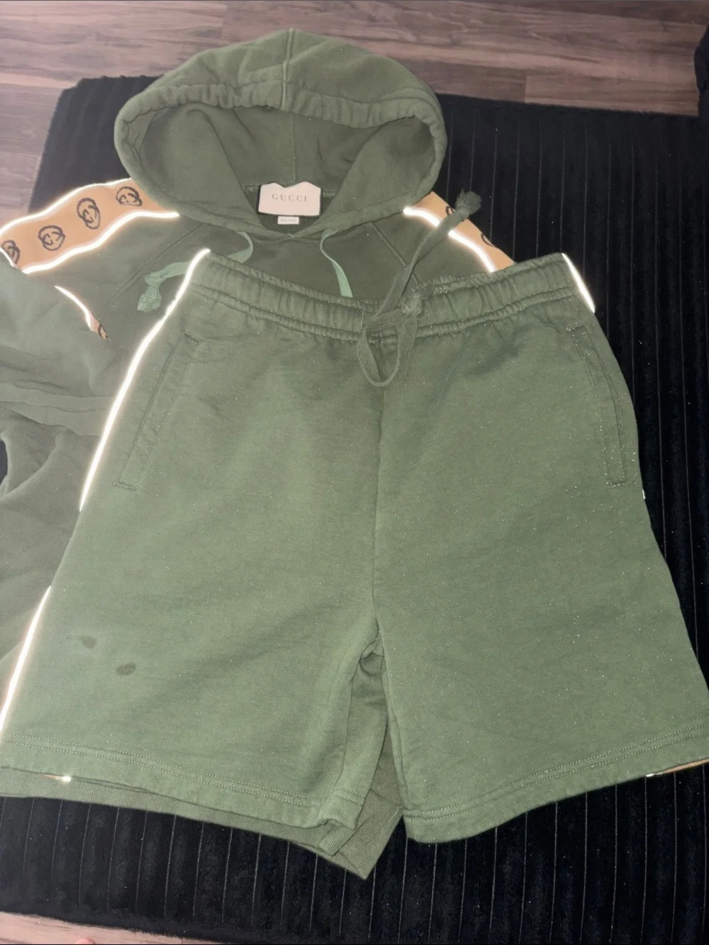 Gucci Olive Green Hoodie & Shorts Set with Beige Logo Trim